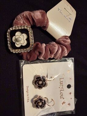 Velvet Pink Flower Scrunchie with Crystal Accent and earrings